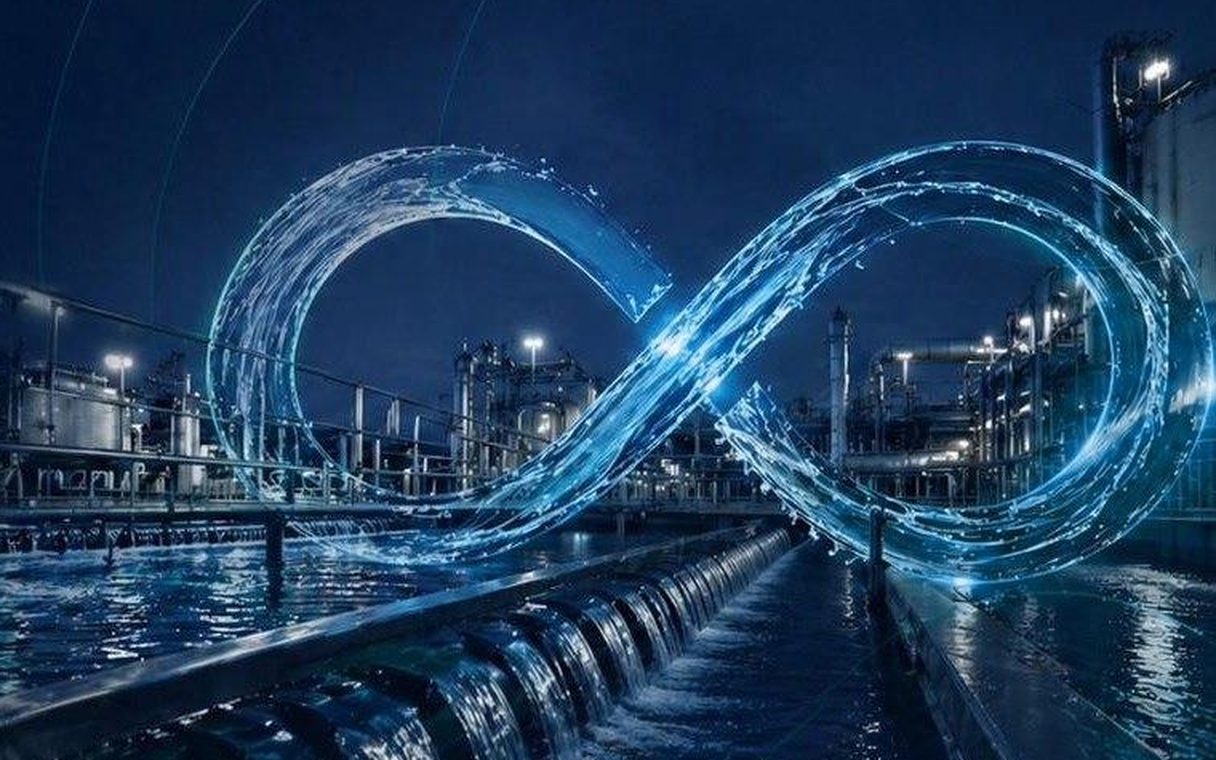 Boucle d'eau lumineuse en forme d'infini devant un site industriel de nuit